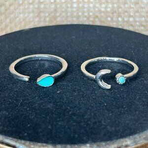 Set of 2 Silver Rings-Size 9-Moon w/ Turquoise Accent & Turquoise Leaf